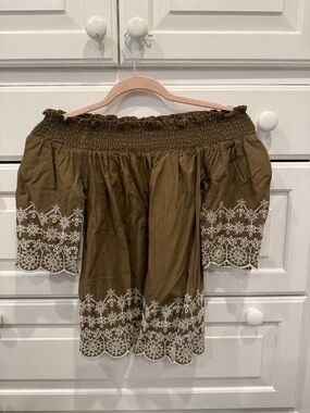 Abercrombie & Fitch Olive Off-Shoulder Smocked Top with White Embroidery